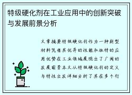 特级硬化剂在工业应用中的创新突破与发展前景分析